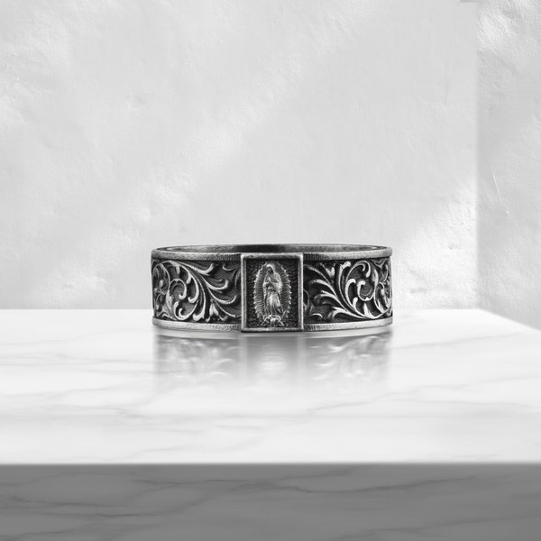 Sterling Silver Guadalupe Virgin Mary Floral Motif Men Band Ring, Oxidized Silver Textured Leaf Pattern Womens Ring, Religious Orthodox Gift