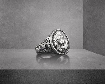 Einzigartiger ovaler Siegelring, Löwe Schmuck der griechischen Mythologie für ihn, Löwe-Ring für Freund, cooler Ring für Männer, bester Freund Geschenk