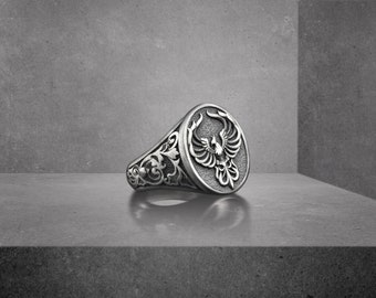 Phoenix Dainty Silver Signet Ring, Protection Bird Fantasy Ring For Family, Mythology Jewelry to Boyfriend, Best Friend Ring, Memorial Gift