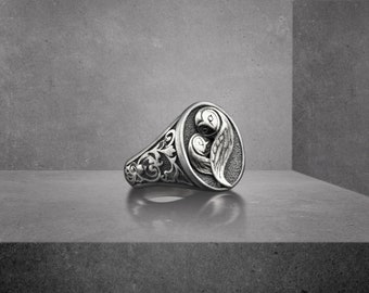 Eulenfamilie gravierter zierlicher Siegelring, Naturring aus Sterlingsilber für Mama, inspirierender Ring für Frau, ungewöhnlicher Ring, Familiengeschenk