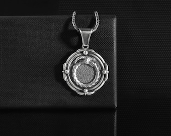 Horned Ouroboros Dragon Personalized Medallion, Dragon Eating Its Own Tail Chinese Mythology Necklace, Name Engraved Handmade Mens Pendant