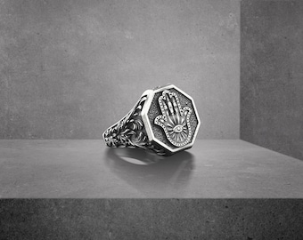 El anillo de sello único de la mano de Hamsa, anillo de protección de la mano de Fátima en plata, anillo de buena suerte de la mano de Miriam, anillo de curación, regalo familiar