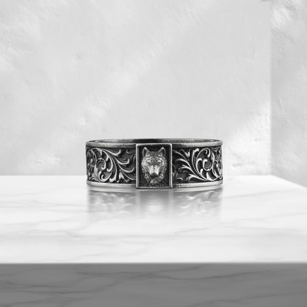 Sterling Silver Wolf Direwolf Floral Motif Band Mens, Solid 925 Textured Leaf Pattern Wedding Ring, Wild Dog Pack Ring, Band Ring For Men's