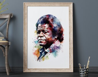 May include: A watercolor painting of a man with an afro hairstyle. The painting is in a light wood frame and is hanging on a gray wall. The painting is surrounded by a white mat.
