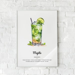 Mojito Cocktail Printable Digital Download Watercolor Illustration Home Bar Wall Art Recipe Guide