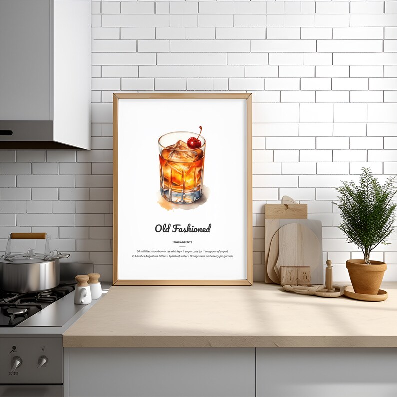 Old Fashioned Cocktail Printable Digital Download Watercolor ...