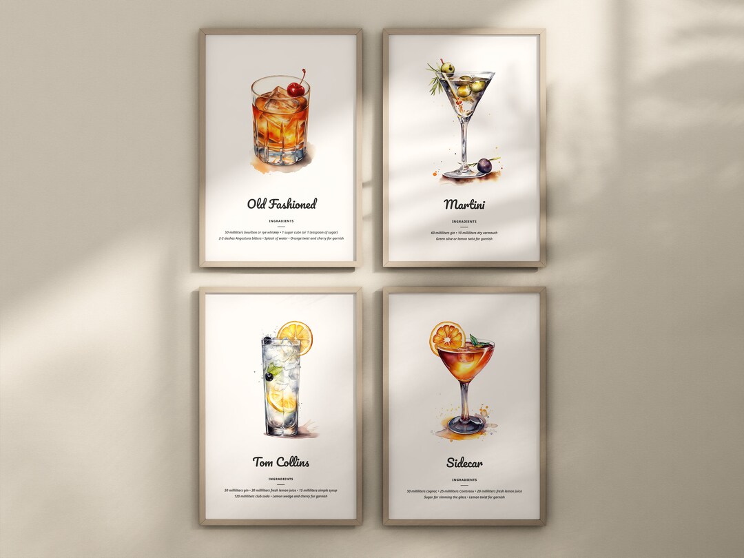 Set of 4 Classic Cocktails Printable Digital Download - Old Fashioned ...