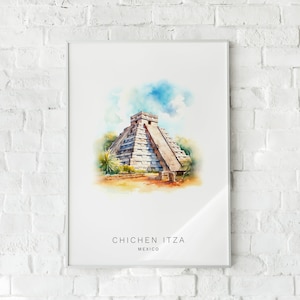 Chichen Itza El Castillo Pyramid Printable Art - Iconic Mayan Pyramid Digital Print Download in Various Sizes Watercolour minimalistic style