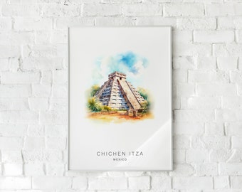 Chichen Itza El Castillo Pyramid Printable Art - Iconic Mayan Pyramid Digital Print Download in Various Sizes Watercolour minimalistic style