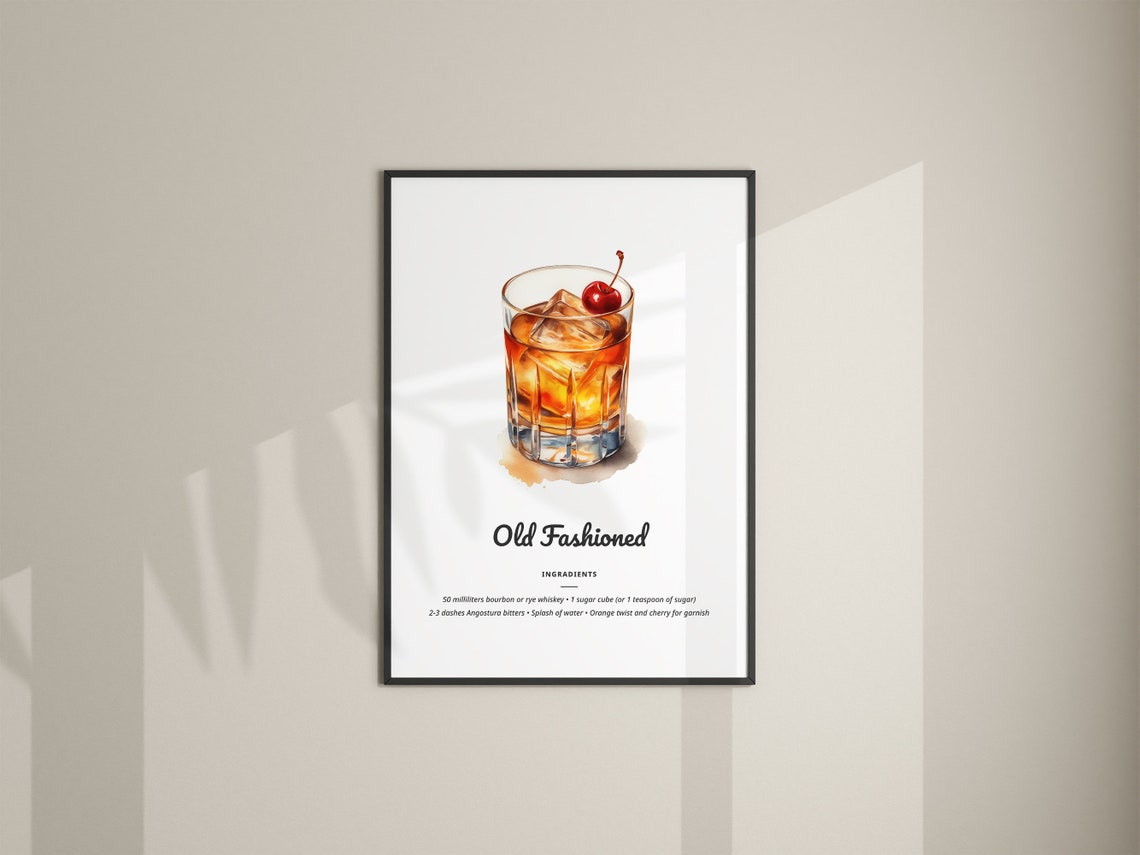 Old Fashioned Cocktail Printable Digital Download Watercolor ...