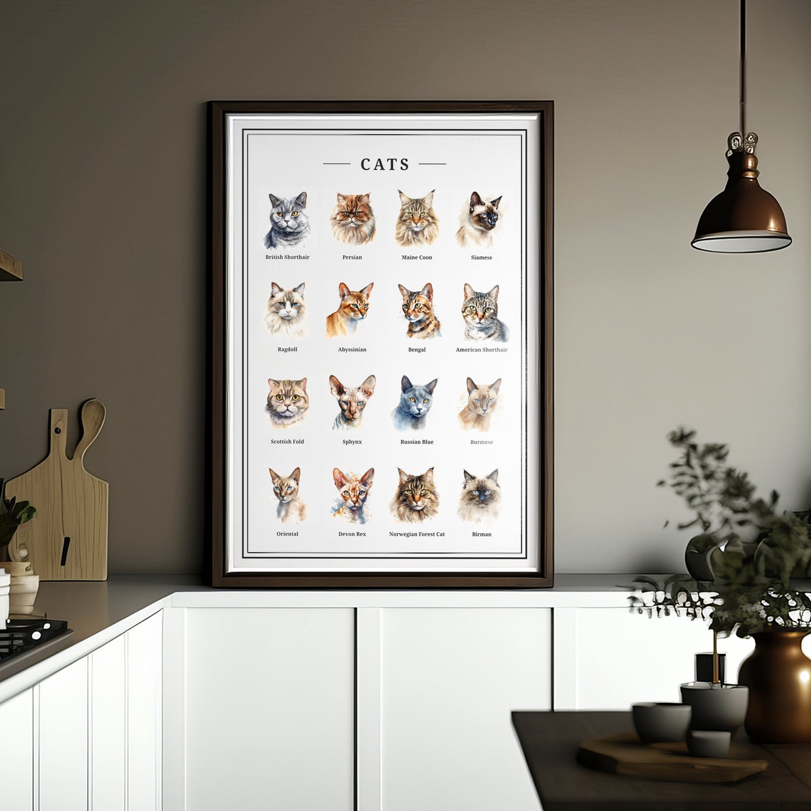 Cat Portraits, Digital Print, Watercolor Vintage Style, Feline Art