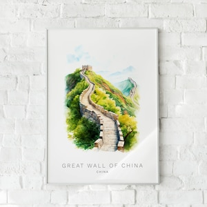Great Wall of China Digital Art Print - Iconic Landmark Watercolor Illustration, Ancient Building, Instant Download in Multiple Sizes