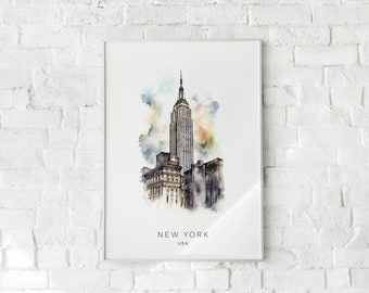 New York Cityscape Digital Print - Empire State Building Illustration - Urban Wall Art - Iconic NYC Landmark - Instant Download Poster
