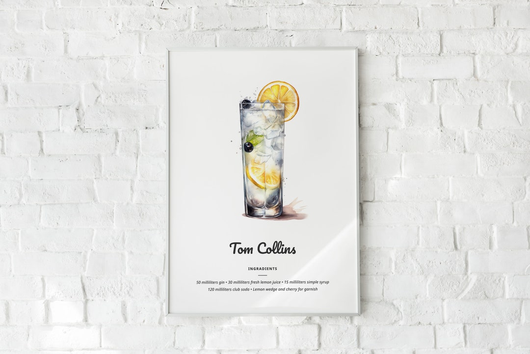 Tom Collins Cocktail Printable Digital Download Watercolor Illustration