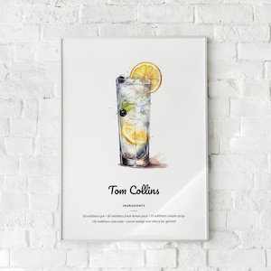 Tom Collins Cocktail druckbare digitaler Download Aquarell Illustration Home Bar Wandkunst Rezept-Anleitung