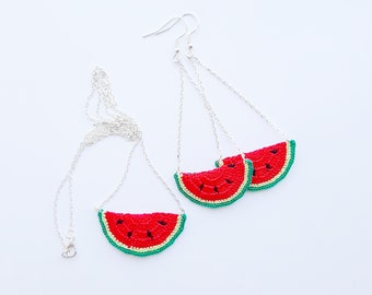 Watermelon Jewelry Set Crochet Pattern. Earrings and Necklace Watermelon Crochet Pattern.
