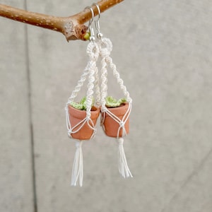 Peut inclure: Une paire de boucles d'oreilles en macramé blanc avec de petits pots en terre cuite et des plantes vertes. Les boucles d'oreilles sont suspendues à une branche.