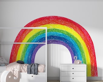 Decalcomania da muro arcobaleno dipinto con matita colorata, decalcomania per asilo nido arcobaleno pastello, adesivo da parete per cameretta del bambino, regalo per neonato, adesivi murali arcobaleno