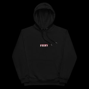 May include: Black hooded sweatshirt with a red and white "FIERY" graphic on the front.