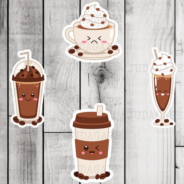 Kawaii Coffee Stickers, Cute, Coffee Lover, 4 pieces, Water Resistent