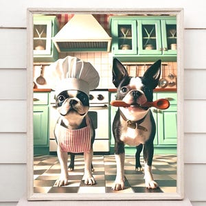 May include: Two Boston Terrier dogs dressed as chefs in a kitchen setting. One dog is wearing a chef's hat and apron, while the other dog is holding a wooden spoon in its mouth.