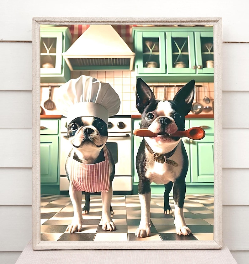 May include: Two Boston Terrier dogs dressed as chefs in a kitchen setting. One dog is wearing a chef's hat and apron, while the other dog is holding a wooden spoon in its mouth.