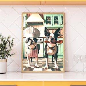 May include: Two Boston Terrier dogs dressed in chef attire in a kitchen setting. One dog is wearing a chef's hat and a pink and white striped apron. The other dog is holding a wooden spoon in its mouth. The dogs are standing on a black and white checkered floor.
