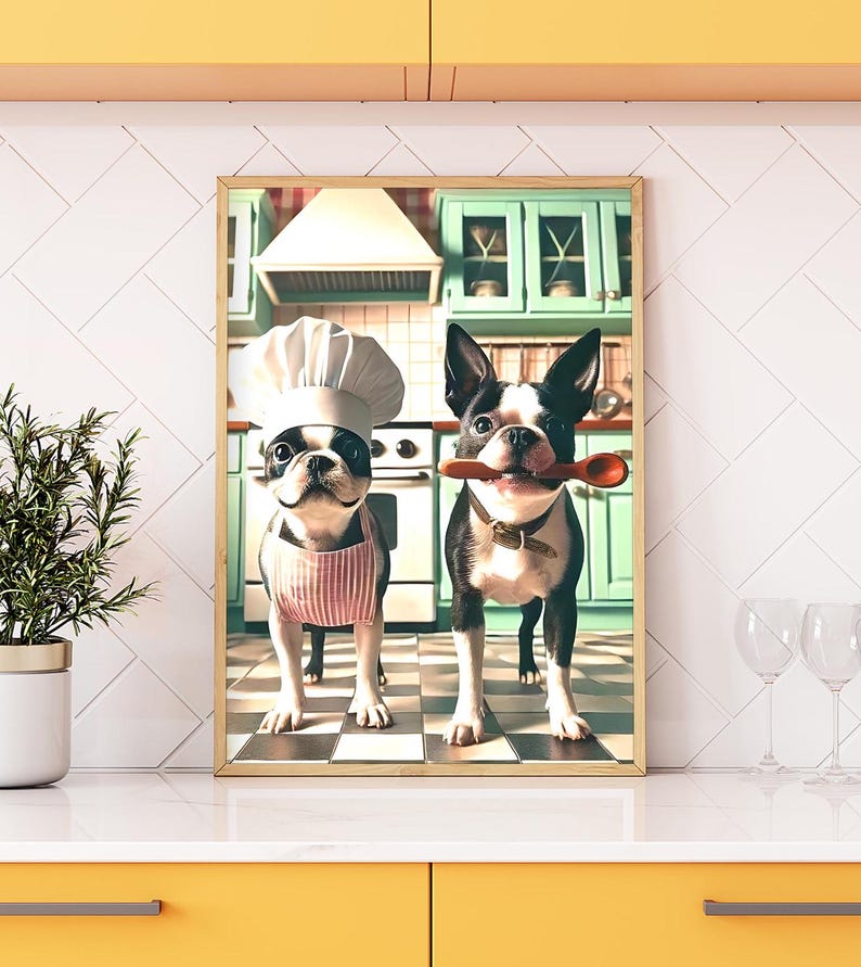 May include: Two Boston Terrier dogs dressed in chef attire in a kitchen setting. One dog is wearing a chef's hat and a pink and white striped apron. The other dog is holding a wooden spoon in its mouth. The dogs are standing on a black and white checkered floor.