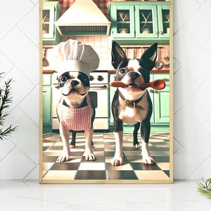 May include: Two Boston Terrier dogs dressed in chef attire in a kitchen setting. One dog is wearing a white chef's hat and a red and white striped apron. The other dog is holding a wooden spoon in its mouth.