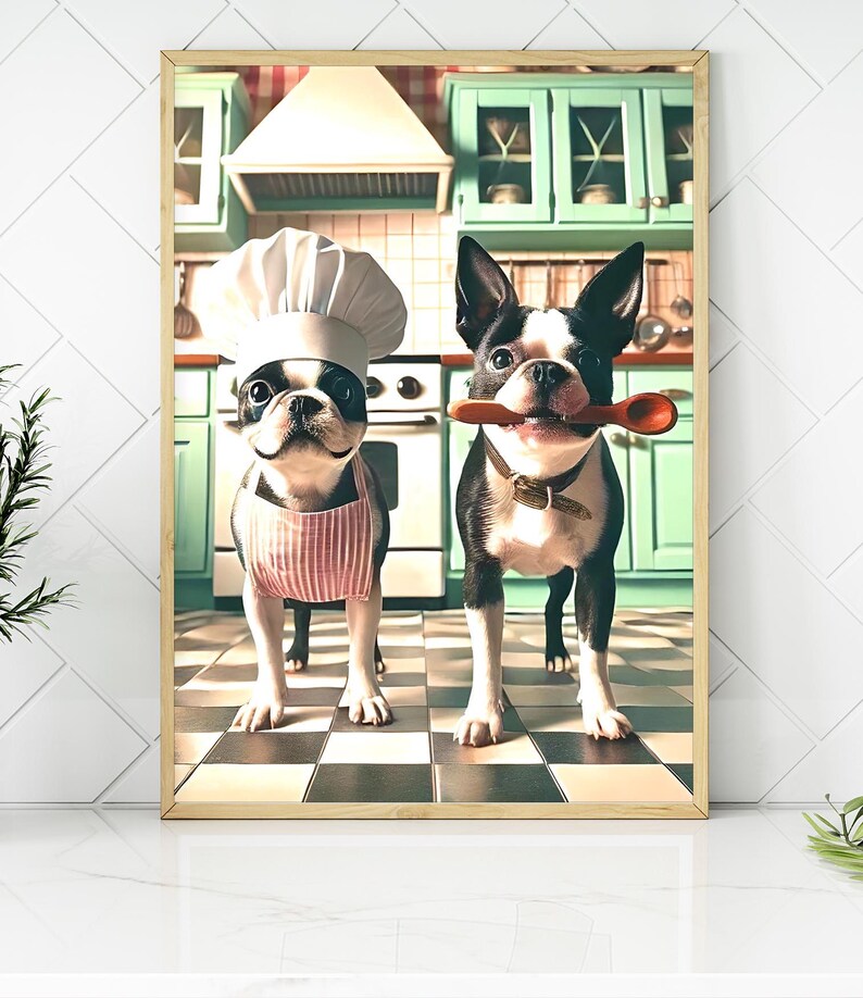 May include: Two Boston Terrier dogs dressed in chef attire in a kitchen setting. One dog is wearing a white chef's hat and a red and white striped apron. The other dog is holding a wooden spoon in its mouth.