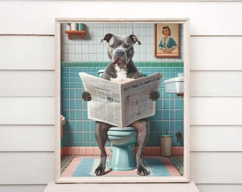 American Pitbull Bathroom Print, Funny Retro Wall Art for Dog Lovers, Available in Aluminum & Glossy Photo Paper, Toilet Humor Décor