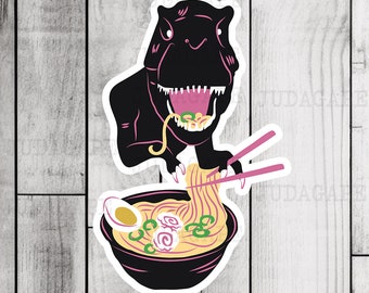T-Rex Eating Ramen Sticker: Quirky Dinosaur Decal for Fun-loving Individuals! Weather proof, Goofy Gift, Comic Relief, Dinosaur