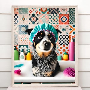 Stampa da vasca da bagno con cane Heeler/Cattle, divertente arte murale retrò per gli amanti dei cani, disponibile in alluminio e carta fotografica lucida, decorazione umoristica per vasca da bagno