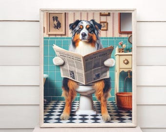 Australian Shepherd Bathroom Print, Funny Dog Toilet Decor