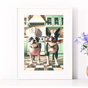 May include: Two Boston Terrier dogs dressed up in a chef's hat and apron, standing in a kitchen with a checkered floor. The dog in the chef's hat is holding a wooden spoon.