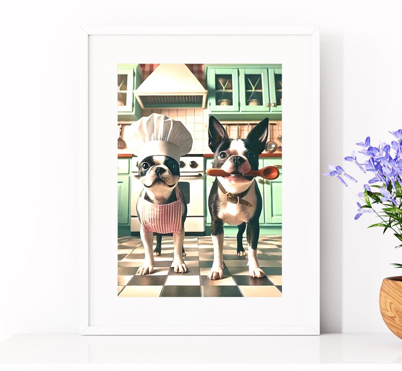 May include: Two Boston Terrier dogs dressed up in a chef's hat and apron, standing in a kitchen with a checkered floor. The dog in the chef's hat is holding a wooden spoon.
