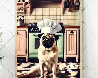 Pug Chef Vintage Kitchen Print, Retro Dog Lover Wall Art