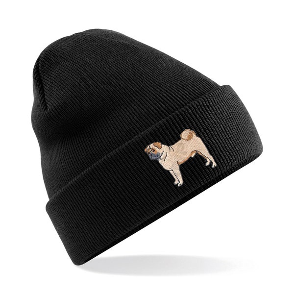 Pug Dog Premium Embroidered Beanie Hat, Bob Hat Embroidery Dog Lover Beanies