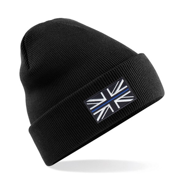 Police Thin Blue Line Union Jack Premium Embroidered Beanie Hat, Bob Hat Police Emergency Services