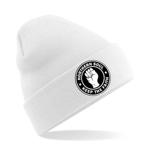 May include: White beanie with a black and white circular patch that says "Northern Soul Keep The Faith" with a raised fist in the center.