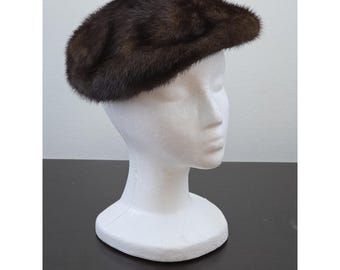 Vintage Adelaide Huhn Grosse Pointe Real Visón Piel Boina Sombrero Marrón Visón Satén