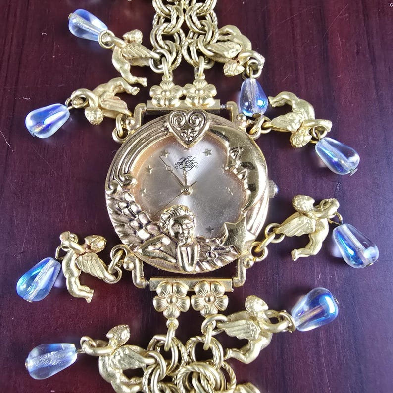 Vintage Kirks Folly Moon Phase Angel Charm Watch-armband in doos afbeelding 1