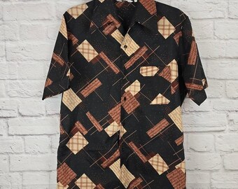 Camisa de manga corta con estampado geométrico vintage Lancer California para hombre, talla M, años 80