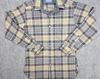 Camisa vintage Pendleton de lana a cuadros Shadow para hombre, talla EE. UU., 100 % lana virgen, azul tostado, años 60