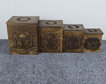 Vintage 1977 Sears Roebuck Nesting Kitchen Canister Set Wood Floral Inlay Japan