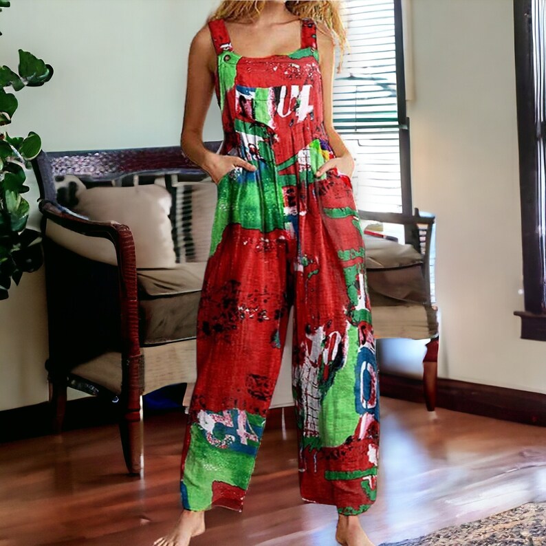 Salopette in cotone Boho, tuta con fondo a campana, salopette a gamba larga, pantaloni hippie boho, stampa celeste, tutine con bavaglino, anni '90, outfit unisex anni '70 Watermelon