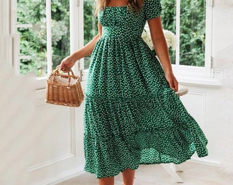 Green polka dot square neck chiffon floaty summer dress. Cinched waist   short puff sleeved midi/maxi/midaxi dress