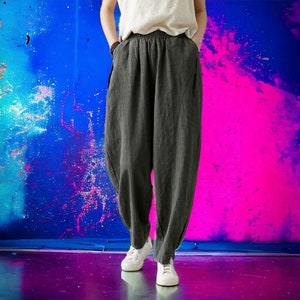 Pantalon bohème en coton pour femmes avec taille élastique : pantalon long large, doux, décontracté et ample en lin