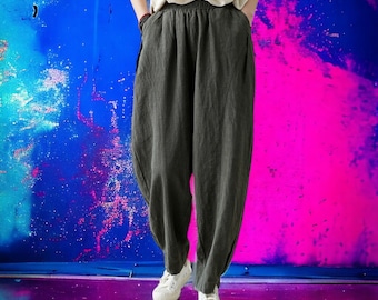 Pantaloni Boho da donna in cotone con elastico in vita: pantaloni maxi a gamba larga morbidi, casual e larghi in lino