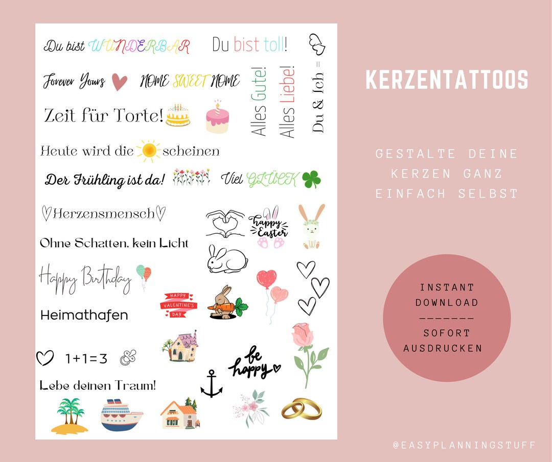 A4 Candle Tattoos Digital Download PDF Template Water Slide Film ...